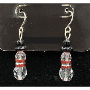 Handmade Snowman Clear Black Glass & Red Aluminum Bead Earrings by Neanie-Bot
